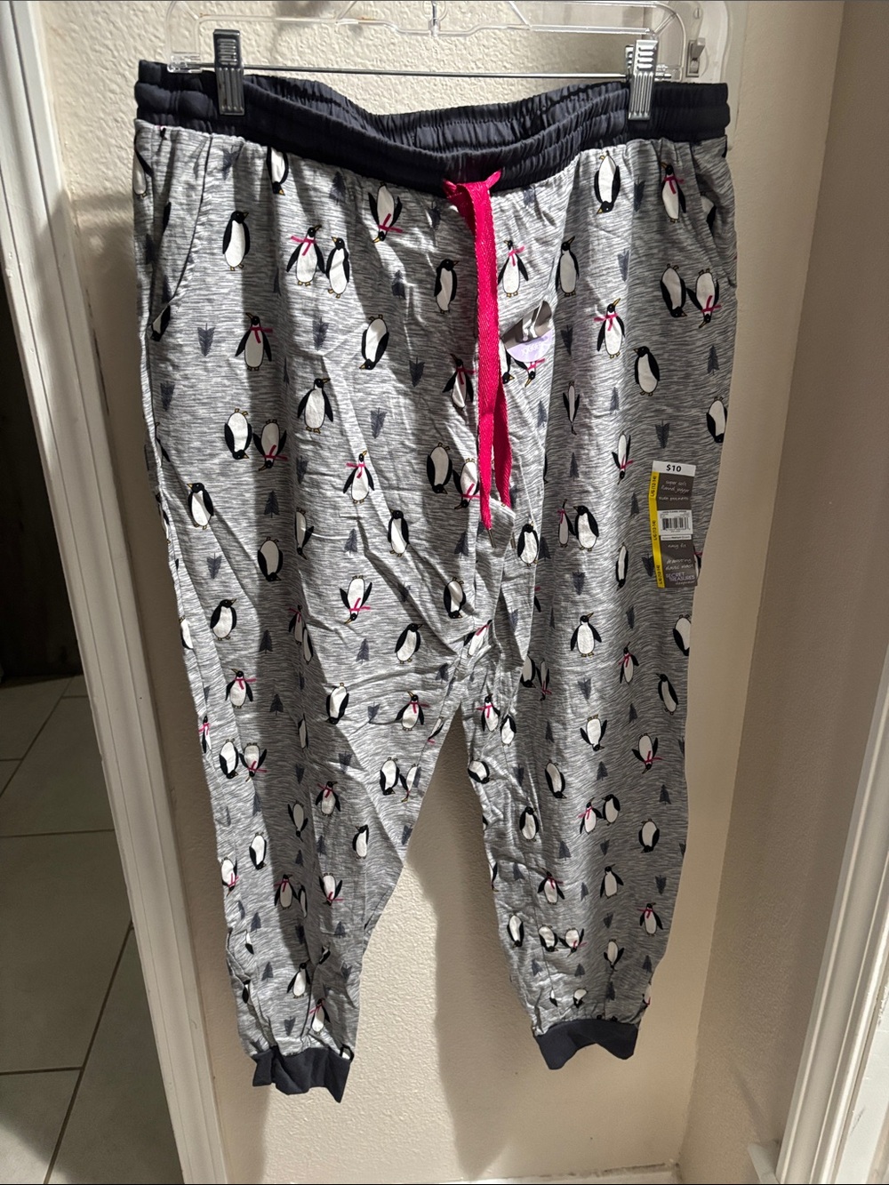 Secret Treasures Gray Penguin-Print Pajama Pants with Pink Drawstring L NWT